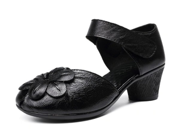 Damskie skórzane buty z kwiatkiem czarny 39