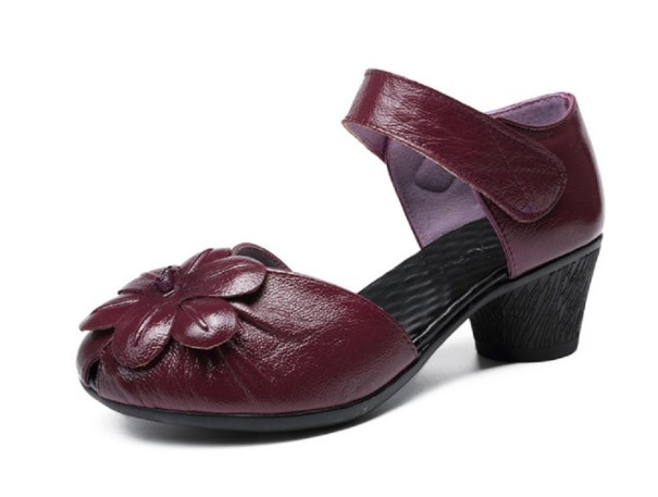 Damskie skórzane buty z kwiatkiem wino 40