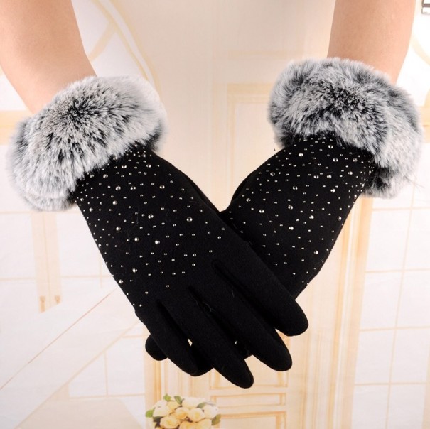 Damskie zimowe rękawiczki z futrem czarny