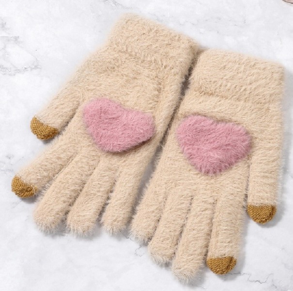 Damskie zimowe rękawiczki z sercem beżowy