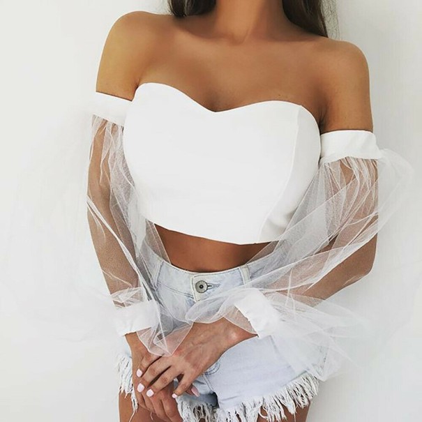 Dámsky biely crop top s priesvitnými rukávmi biela L