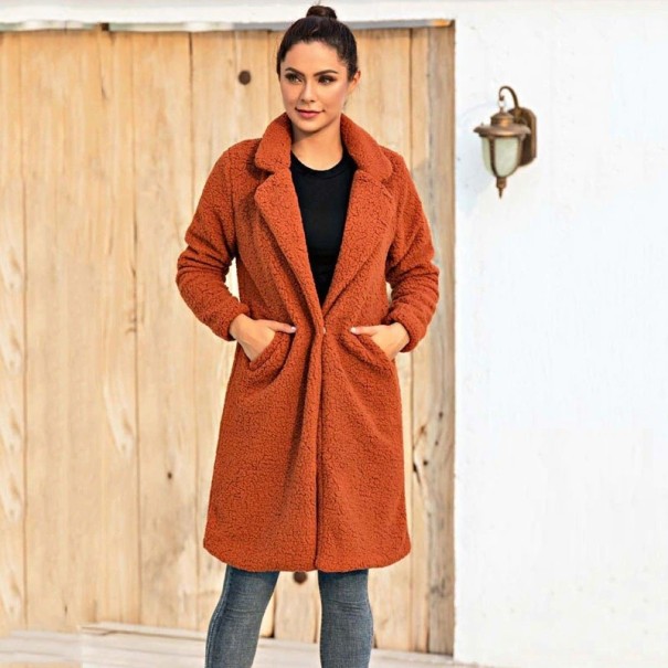 Dámský chlupatý kabát P1398 cihlová M
