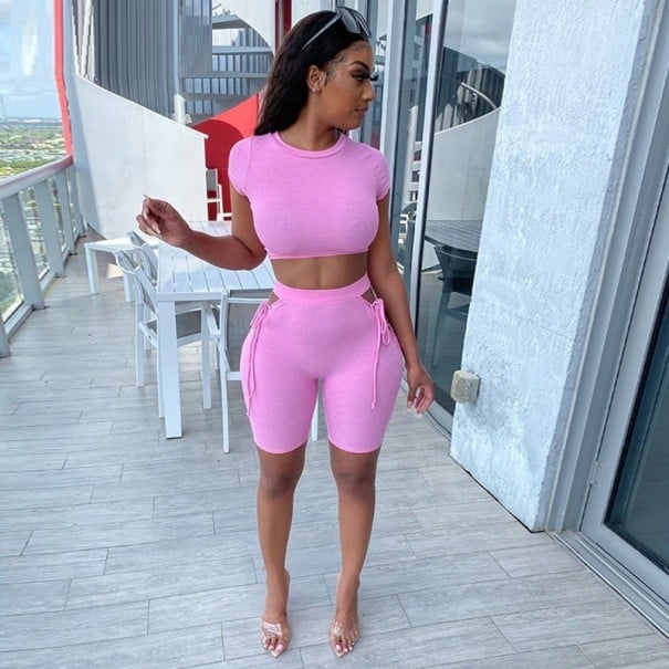 Dámský crop top a kraťasy B1191 růžová M