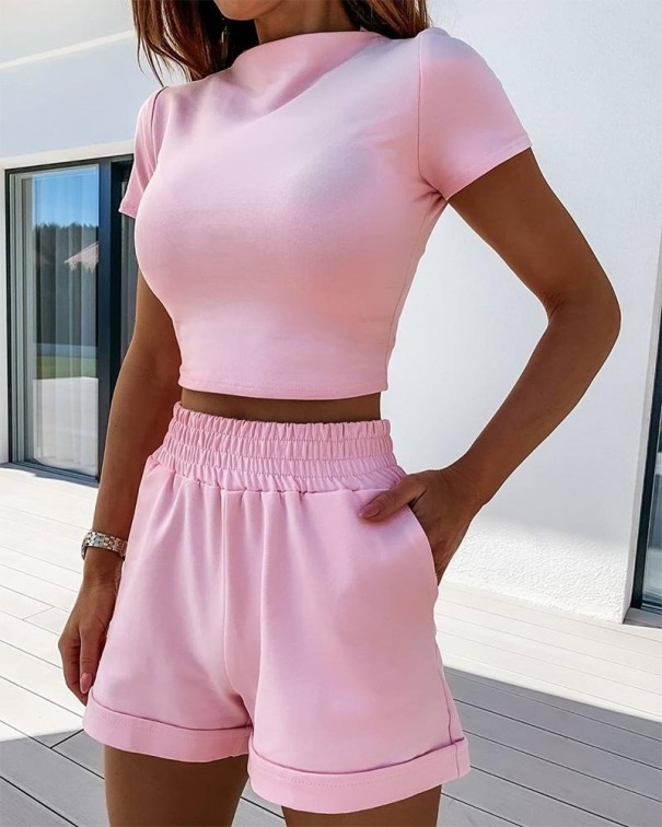 Dámský crop top a kraťasy B906 růžová XS Dámský crop top a kraťasy B906 růžová XS