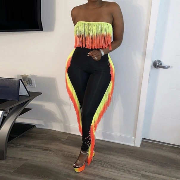 Dámsky crop top a nohavice so strapcami žltá L
