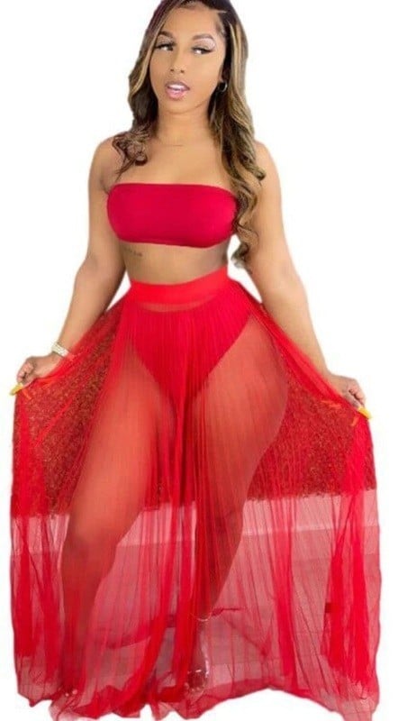 Dámský crop top a průsvitná sukně B1265 červená XL