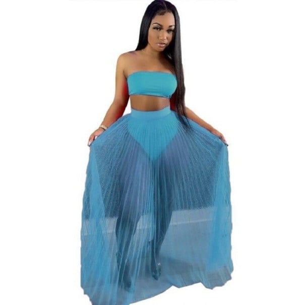 Dámský crop top a průsvitná sukně B1265 modrá XS