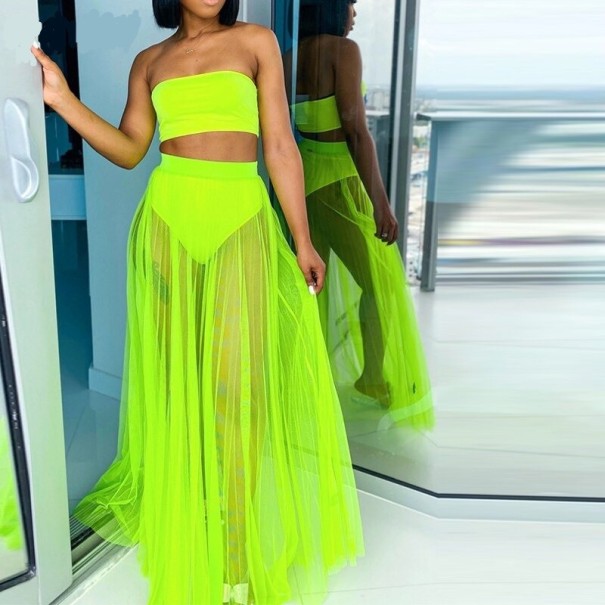 Dámský crop top a průsvitná sukně neonová zelená XS
