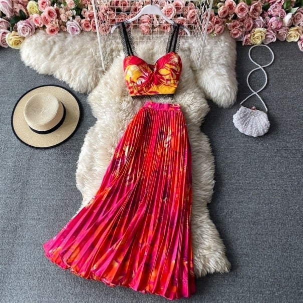 Dámský crop top a sukně B907 tmavě růžová