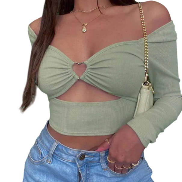 Dámsky crop top s dlhým rukávom Výstrih do V Výrez v tvare srdca Off-shoulder štýl Sexy top na leto Pružný rebrovaný materiál zelená M