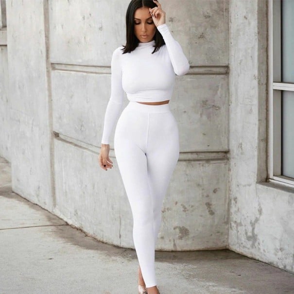 Dámský crop top s dlouhým rukávem a legíny B872 bílá M