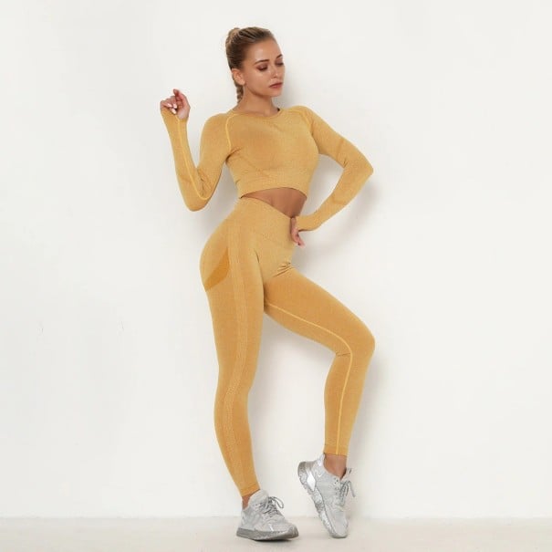 Dámský crop top s dlouhým rukávem a legíny tmavě žlutá M