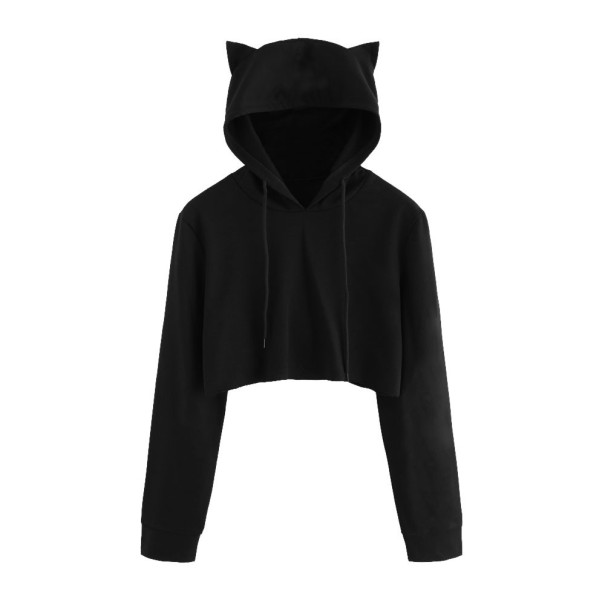 Dámsky crop top s kapucňou a mačaciemu ušami - Čierny XS