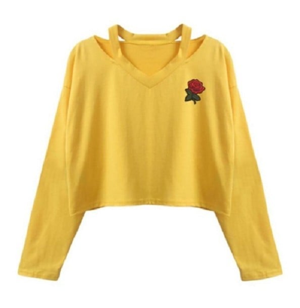 Dámský crop top s květinou J2851 žlutá L