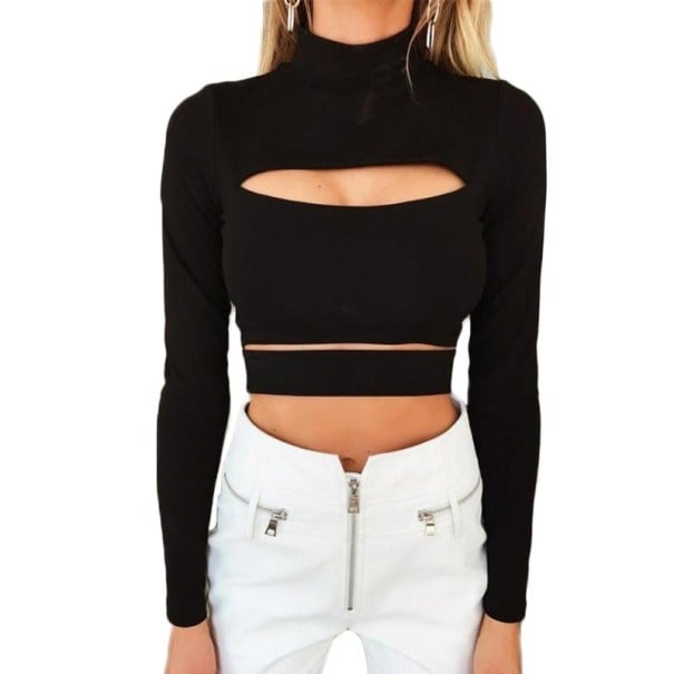 Dámsky crop top s prestrihmi čierna S