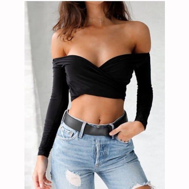 Dámský crop top s velkým výstřihem A1217 černá XS