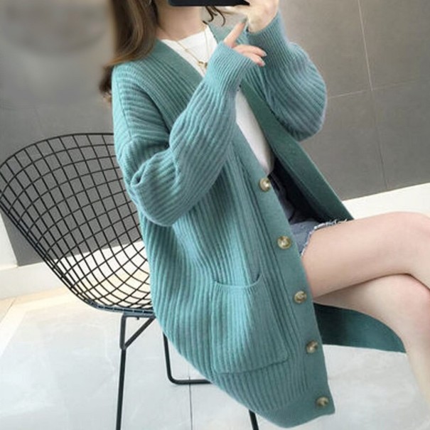 Dámsky dlhý pletený sveter s gombíkmi tyrkysová