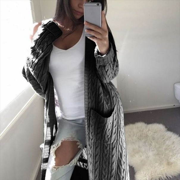 Dámský dlouhý cardigan s kapsami tmavě šedá S
