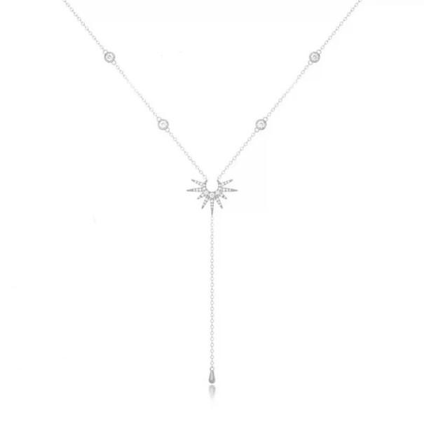 Dámský dlouhý řetízkový náhrdelník Kapkový přívěsek Zirkon Slunce Jednoduchý kovový choker Náhrdelník s visícím řetízkem stříbrná