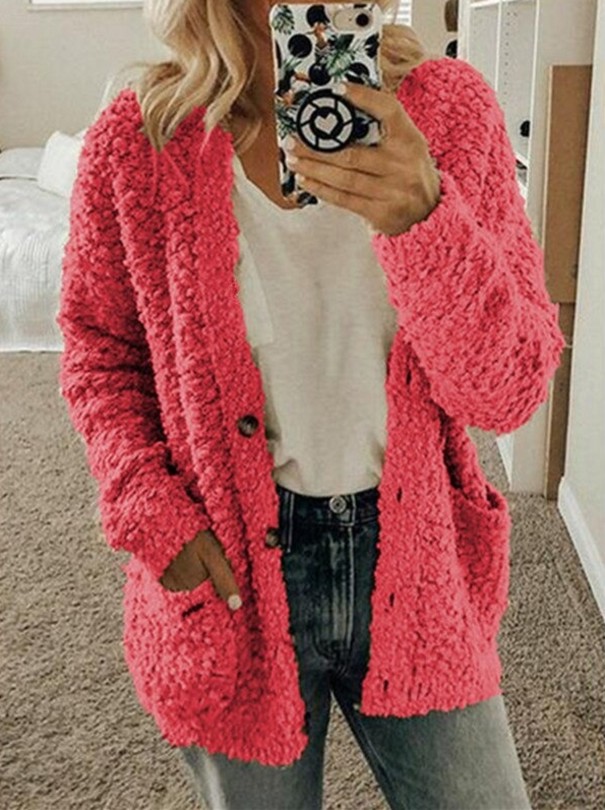 Dámsky huňatý sveter s gombíkmi tmavo ružová XL