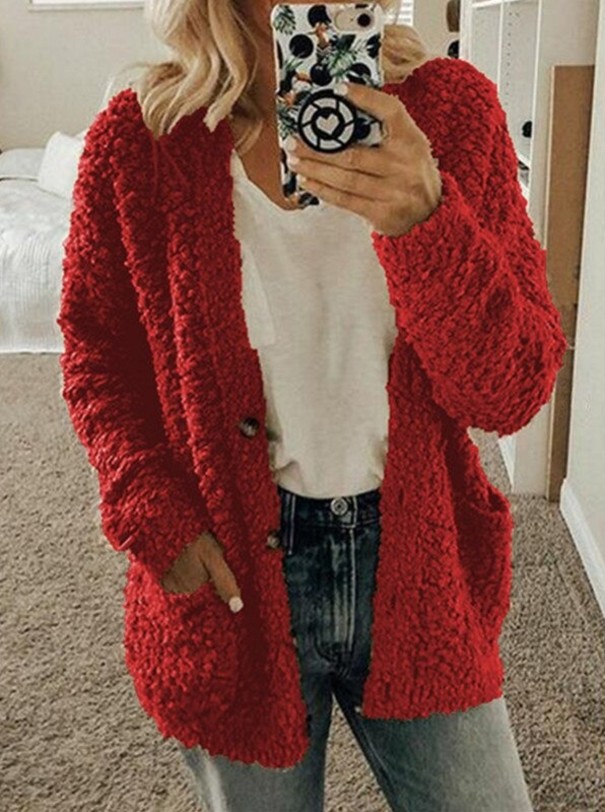 Dámský huňatý svetr s knoflíky červená XL
