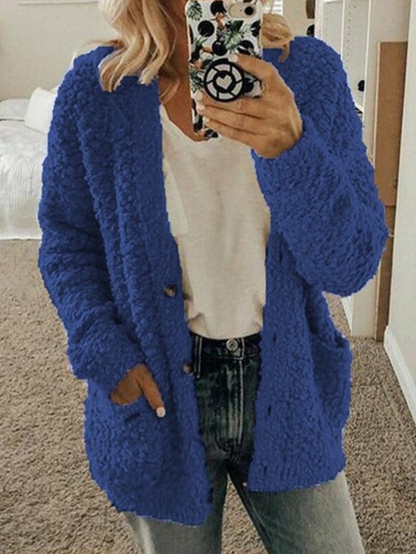 Dámský huňatý svetr s knoflíky modrá M