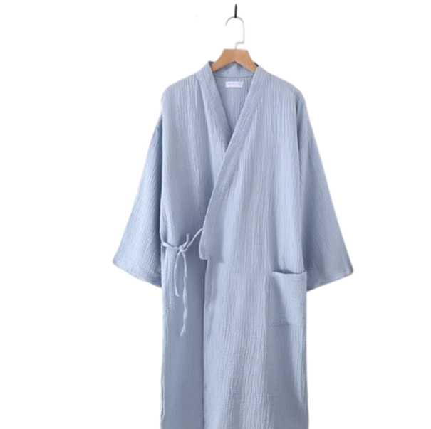 Dámský kimono župan Lehký bavlněný župan se zavazováním v pase na tkaničku Pohodlný vzdušný střih pro domácí nošení ranní přípravy i večerní relaxaci modrá L