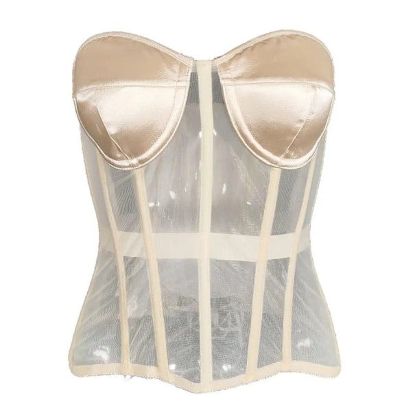 Dámský korzet bez ramínek Poloprůhledný lesklý Výstřih do O Šněrování vzadu Polyester Spandex Elegantní top béžova XXS