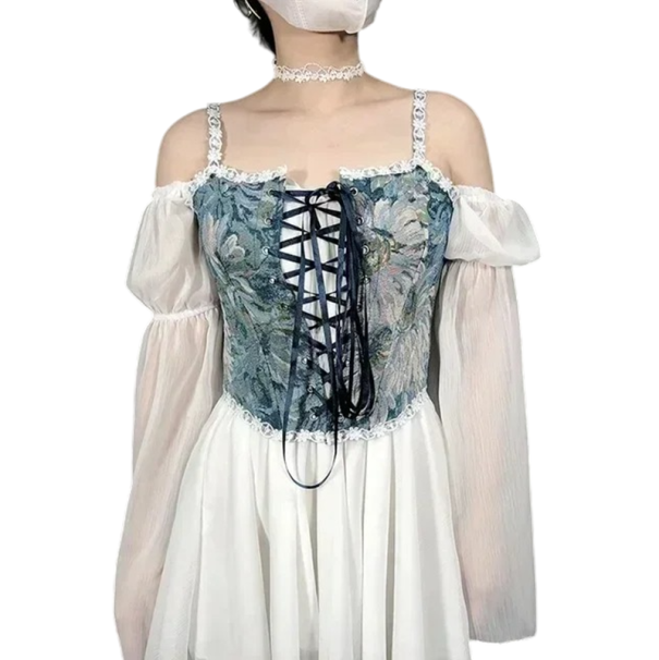 Dámský korzet Ramínka Šněrování vepředu Výstřih do O Mašlička Květinový design Polyester Elegantní spodní prádlo modrá XL