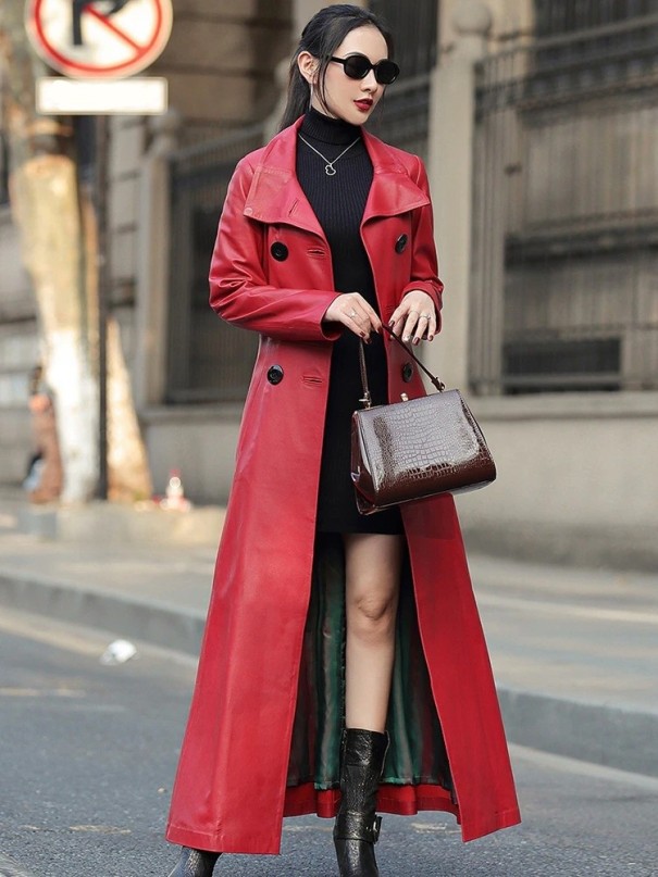 Dámský kožený kabát P1929 červená XS