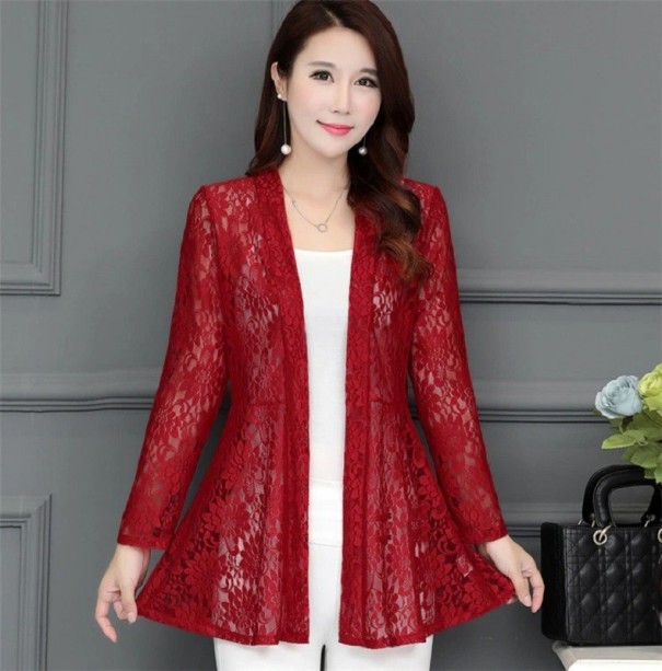 Dámský krajkový cardigan P1764 vínová L