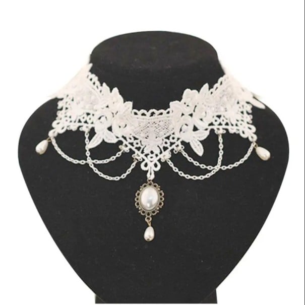 Dámsky krajkový choker náhrdelník s príveskom a retiazkami so zapínaním krajka biela elegantný doplnok na krk pre spoločenské nosenie 1