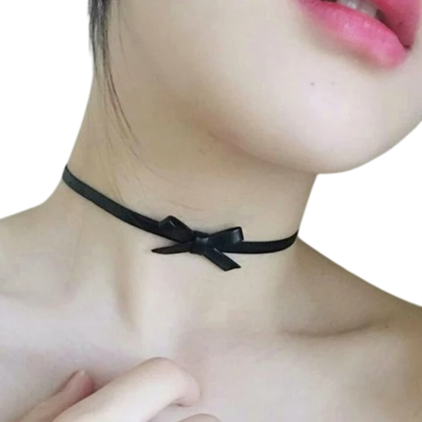Dámsky krajkový choker s mašličkou zapínací náhrdelník z nerezovej ocele a zinkovej zliatiny čierny jemný doplnok na krk 1