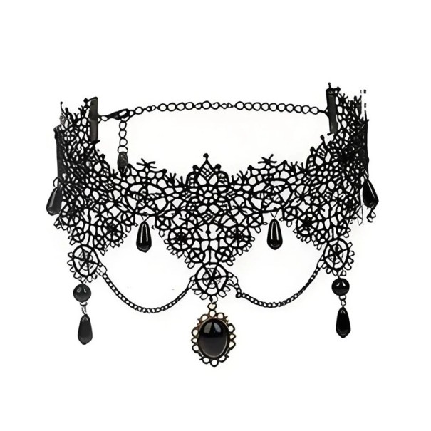 Dámsky krajkový choker s príveskom a visiacimi retiazkami so zapínaním 32 + 5 cm náhrdelník na krk krajka čierna elegantný doplnok 1