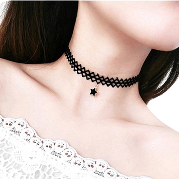 Dámsky krajkový choker s príveskom hviezdy zapínací náhrdelník z nehrdzavejúcej ocele a zinkovej zliatiny čierny doplnok na krk 1