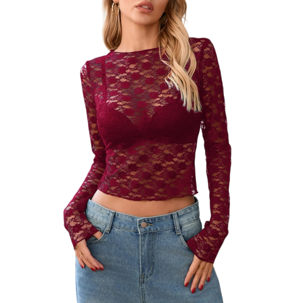 Dámsky krajkový top s dlhým rukávom Elegantný priehľadný strih Priedušný materiál Krátky crop štýl Vhodný pre večerné aj party outfit vínová L