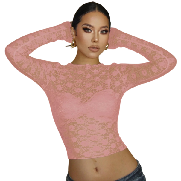 Dámský krajkový top s dlouhým rukávem Elegantní průhledný střih Prodyšný materiál Krátký crop styl Vhodný pro večerní i party outfit růžová S