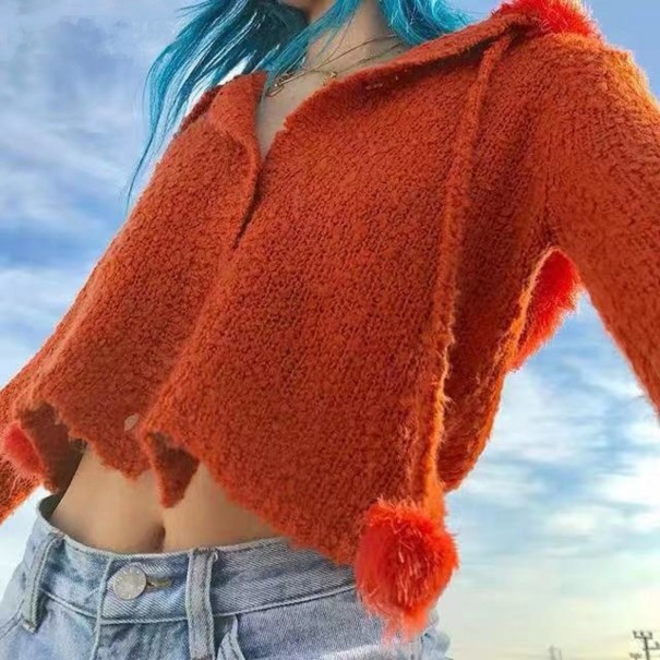 Dámský krátký svetr s kapucí oranžová S