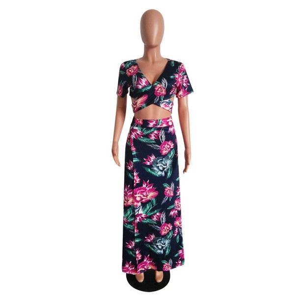 Dámsky kvetovaný crop top a sukňa B1236 tmavo ružová M