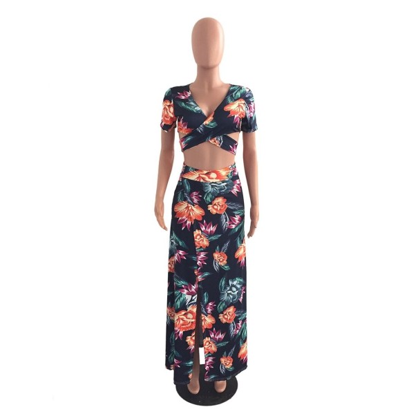 Dámský květovaný crop top a sukně B1236 oranžová M