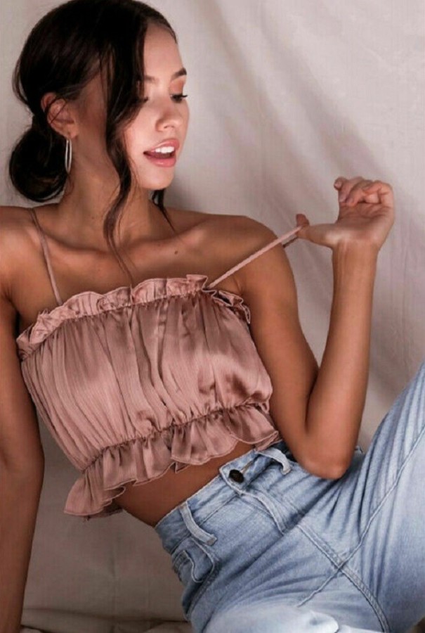 Dámsky nariasený crop top B234 ružová M