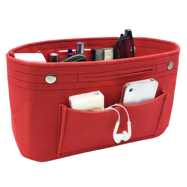 Dámský organizér do kabelky a cestovní tašky s kapsami 24×15×8 cm plstěná vložka do kabelky pro přehledné uložení kosmetiky a doplňků červená
