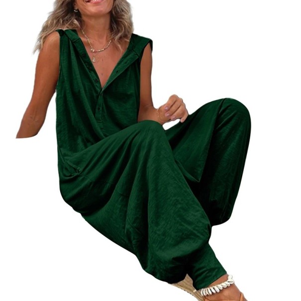 Dámský overal Jednobarevný model Široké kalhoty Široká ramínka Knoflíkové zapínání Výstřih do V 95% polyester 5% spandex armádní zelená M