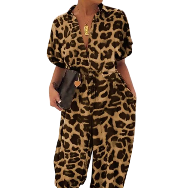 Dámský overal s leopardím vzorem s límečkem Výstřih do V Krátký rukáv Dlouhé kalhoty Zapínání na knoflíky Zavazování v pase Polyester hnědá XL