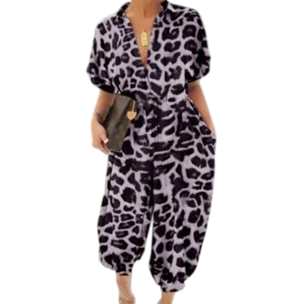 Dámsky overal s leopardím vzorom s golierikom Výstrih do V Krátky rukáv Dlhé nohavice Zapínanie na gombíky Zaväzovanie v páse Polyester fialová M