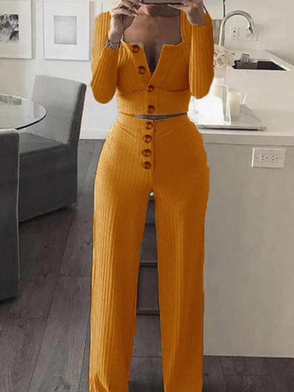 Dámský pletený crop top a kalhoty B1180 tmavě žlutá S