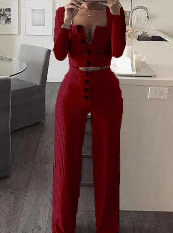 Dámsky pletený crop top a nohavice B1180 vínová L
