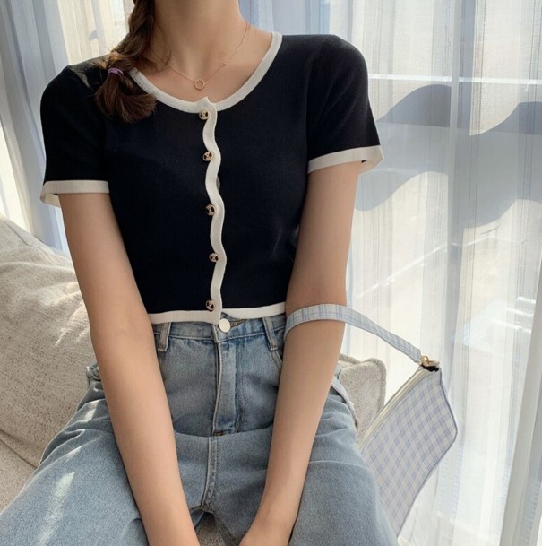 Dámský pletený crop top A2987 černá