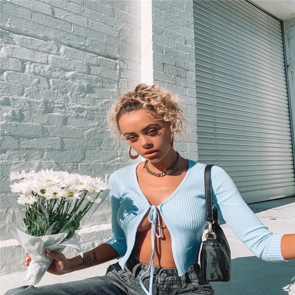 Dámský pletený crop top na zavazování světle modrá S