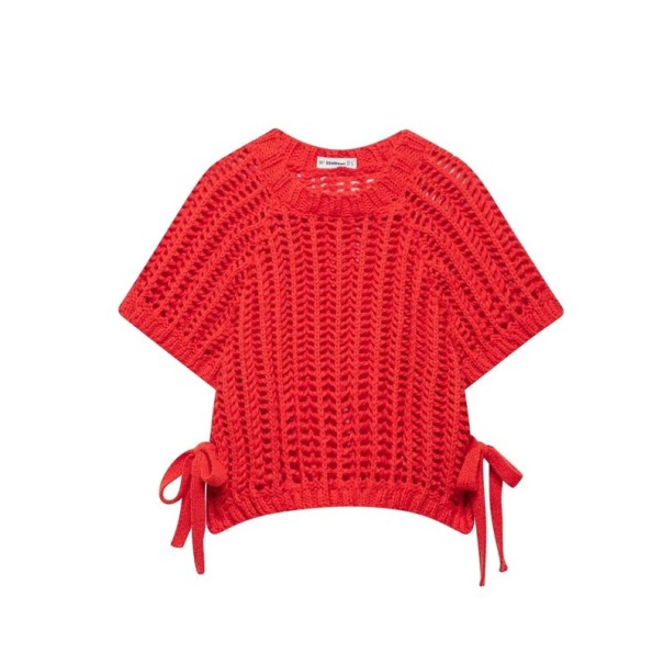 Dámský pletený svetr s krátkým rukávem Zavazování na tkaničky na bocích Jednobarevný elegantní top s výstřihem do O Polyester Různé barvy červená S